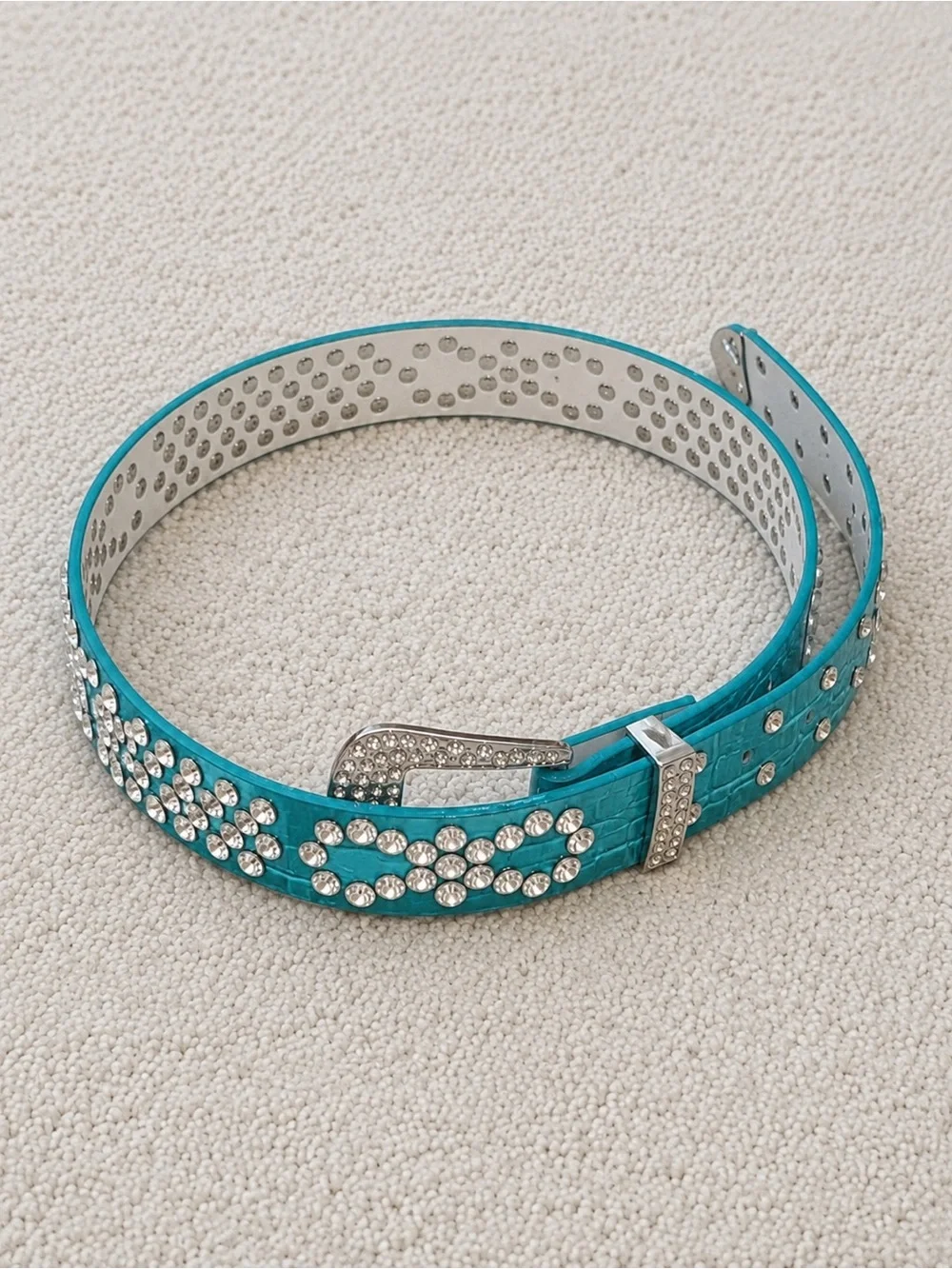 Women’s Belt Teal Rhinestone Croc Embossed Western Bling Crystal Faux Leather